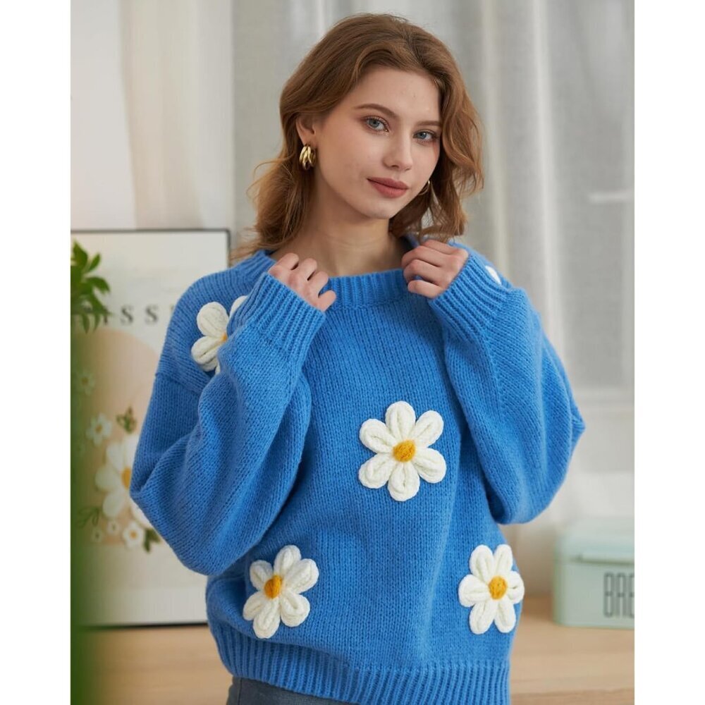 Floral Crewneck Sweater Long Sleeve Women Polyester Spring Fall Trendy - Picture 5 of 6